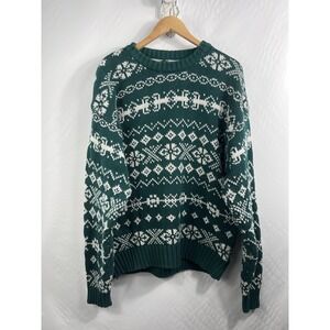 VTG EDDIE BAUER Fair‎ Isle Sweater Green XL Made in UK Cotton Crew Neck